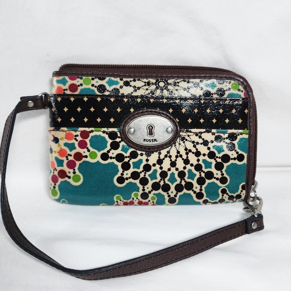 Y2K Fossil Wristlet Retro Mandala Print Coated Canvas Zip Around‎ Wallet Clutch